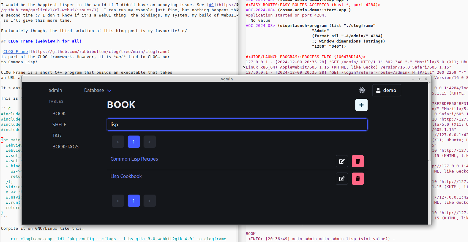 A CLOG Frame window showing a WIP Common Lisp web app on top of Emacs.